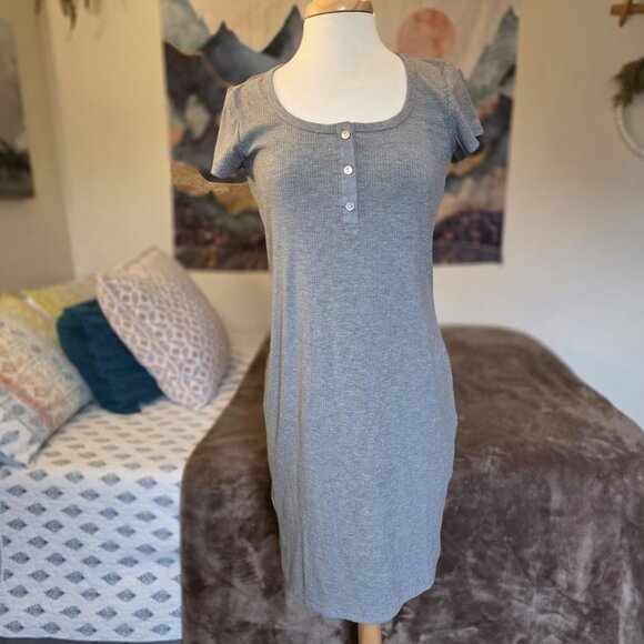 Mango MNG Fitted Ribbed Sweater Dress Grey Henley Short Sleeve Mini Size XL NWT - Picture 10 of 13